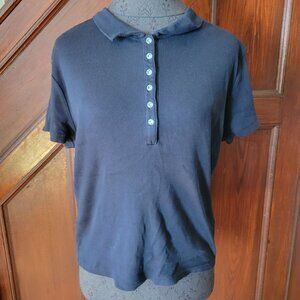 Talbots Womens Black Ribbed Polo Shirt S/M Crystal Buttons